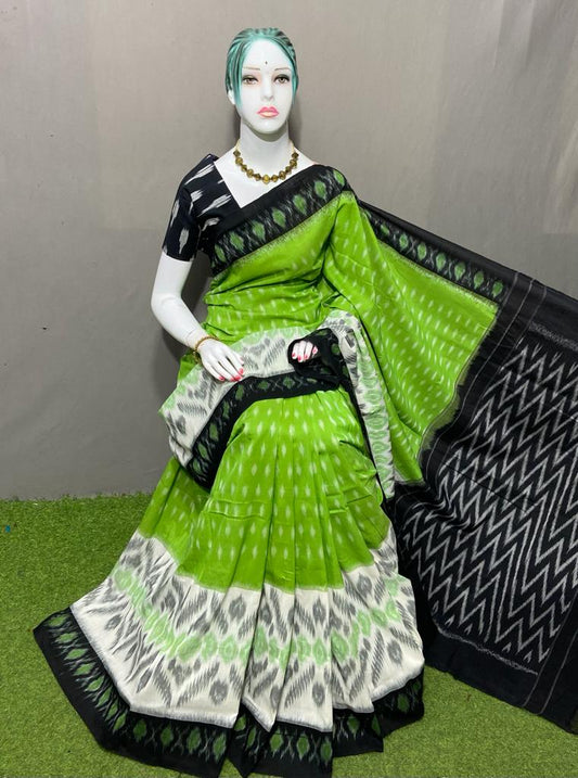 PJMR23A177 Green Black Handloom Pochampally Ikkat Mercerized Cotton Saree