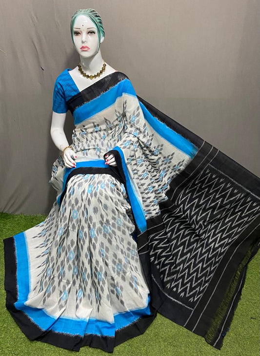 PJMR23A179 Blue Black Handloom Pochampally Ikkat Mercerized Cotton Saree