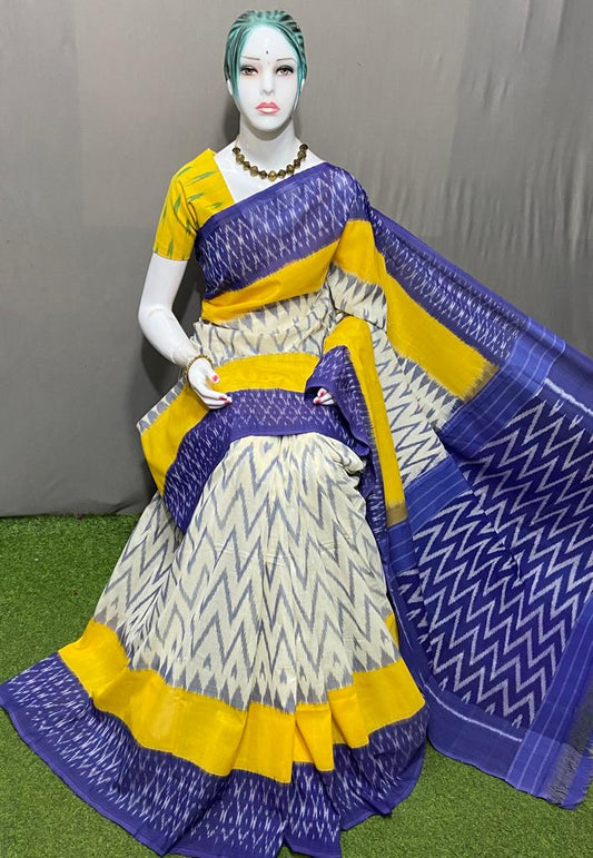 PJMR23A180 Yellow Blue Handloom Pochampally Ikkat Mercerized Cotton Saree