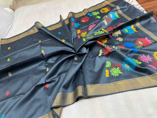 PJMR23A223 Black Blue Pure Handloom Raw Silk Saree