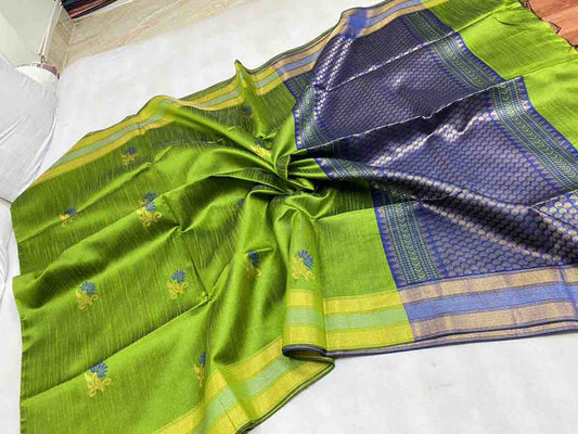 PJMR23A228 Green Blue Pure Handloom Raw Silk Saree