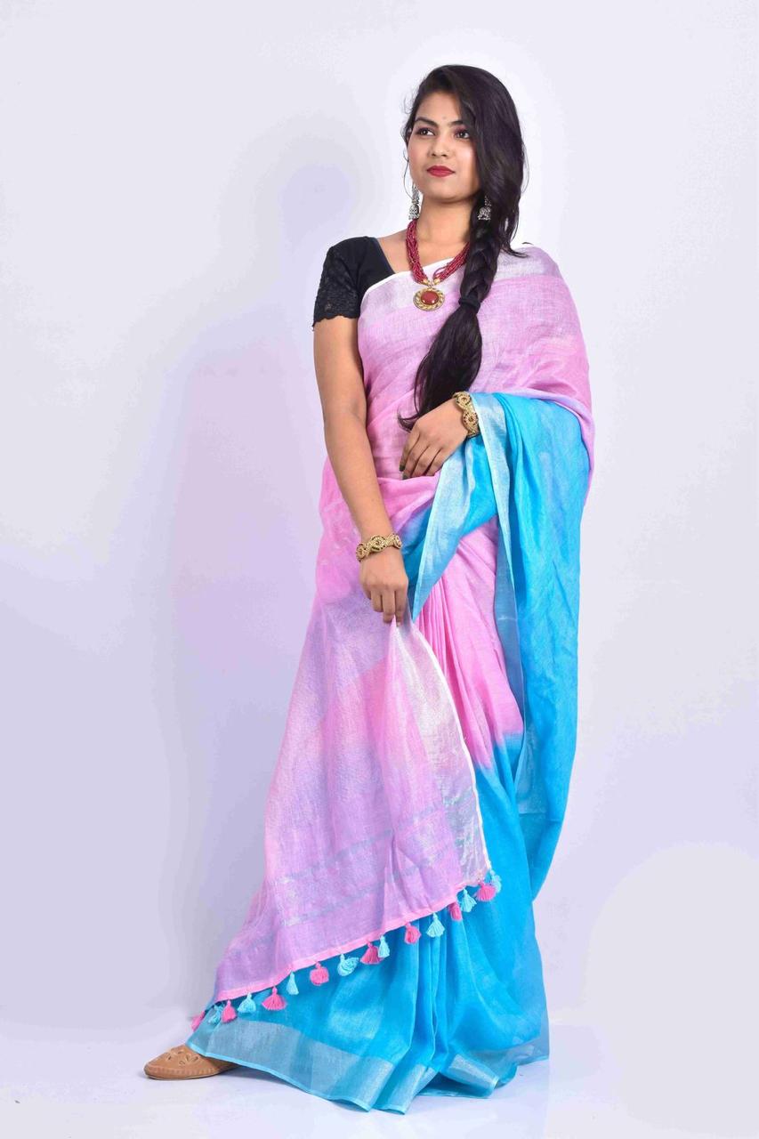 Pink Blue Pure Handloom Linen Saree