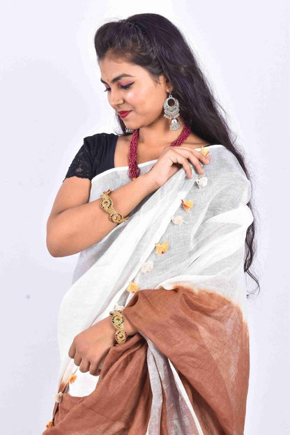 White Brown Pure Handloom Linen Saree