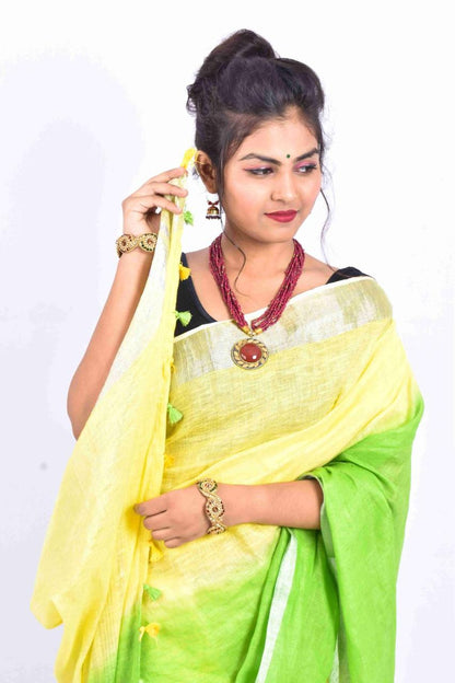 Yellow Green Pure Handloom Linen Saree