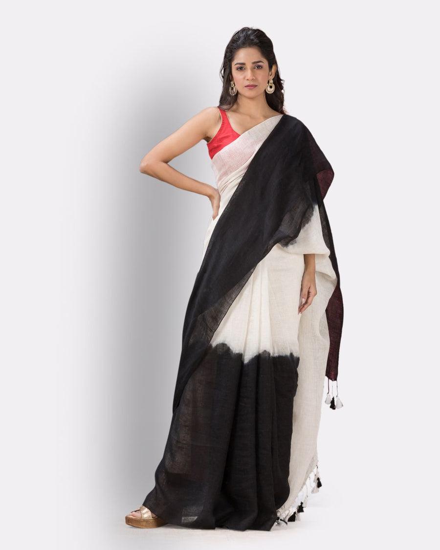 White Black Pure Handloom Linen Saree