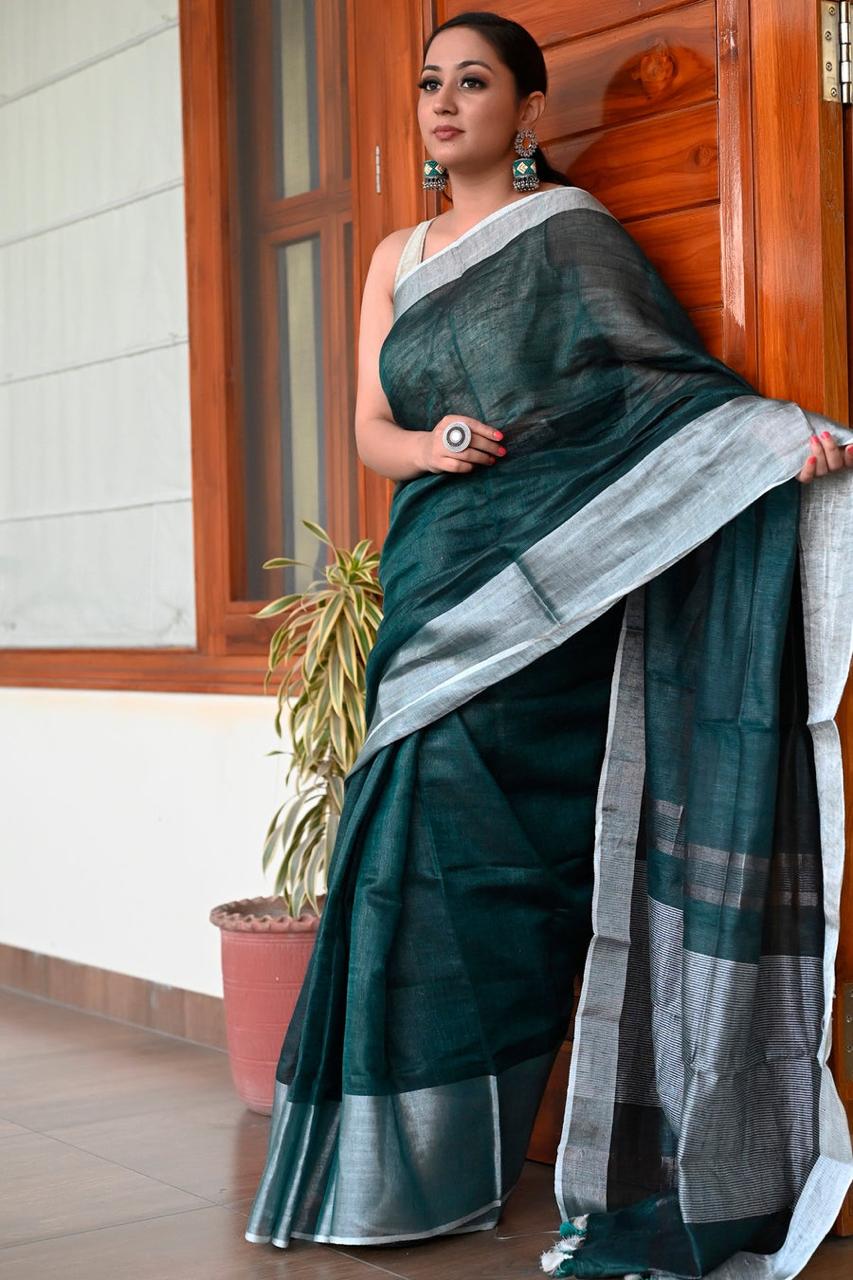 Dark Green Pure Handloom Linen Saree