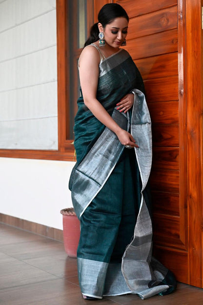 Dark Green Pure Handloom Linen Saree