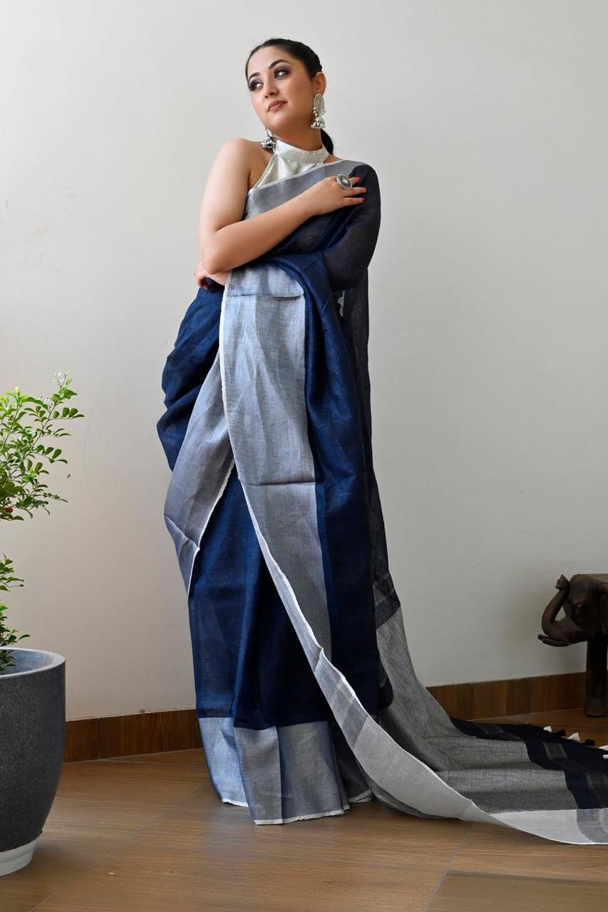 Blue Silver Pure Handloom Linen Saree