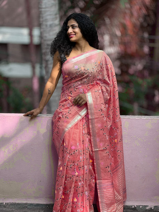 PJMR23A287 Pink Silver Pure Handloom Linen Silk Banarasi Saree