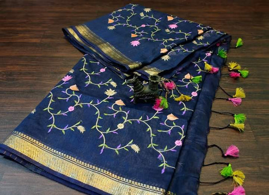 PJMR23A292 Blue Gold Pure Handloom Linen Silk Banarasi Saree