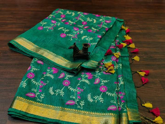 PJMR23A293 Green Gold Pure Handloom Linen Silk Banarasi Saree