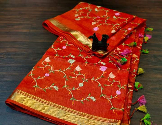 PJMR23A295 Orange Gold Pure Handloom Linen Silk Banarasi Saree