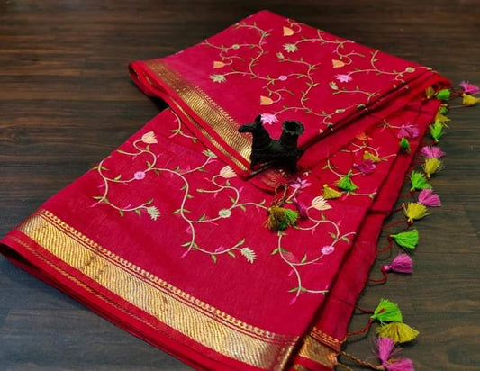 PJMR23A296 Rose Gold Pure Handloom Linen Silk Banarasi Saree