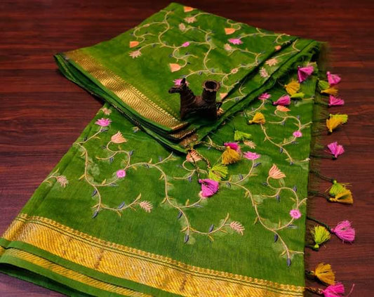 PJMR23A297 Green Gold Pure Handloom Linen Silk Banarasi Saree