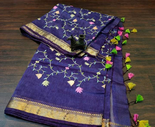 PJMR23A298 Blue Gold Pure Handloom Linen Silk Banarasi Saree