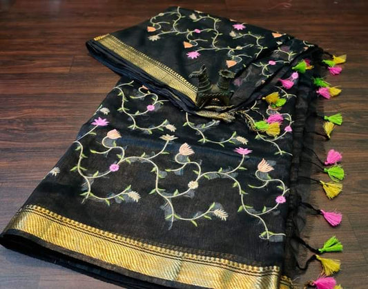 PJMR23A299 Black Gold Pure Handloom Linen Silk Banarasi Saree