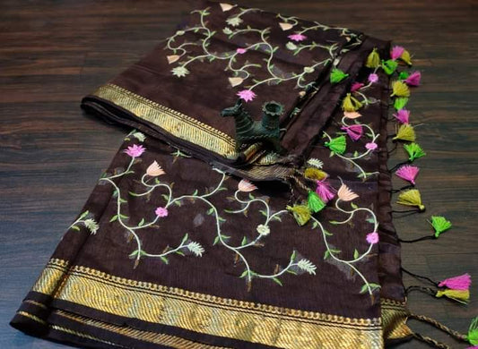 PJMR23A301 Brown Gold Pure Handloom Linen Silk Banarasi Saree