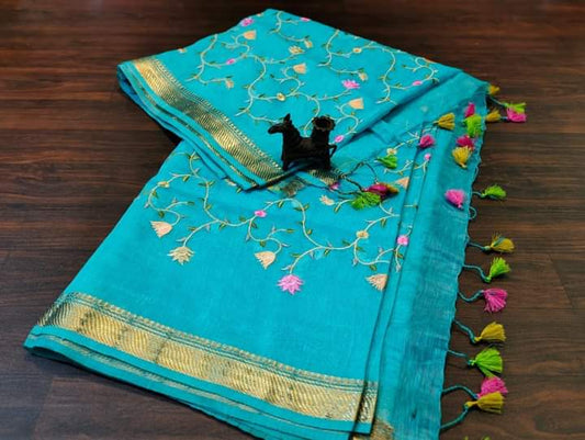 PJMR23A302 Blue Gold Pure Handloom Linen Silk Banarasi Saree