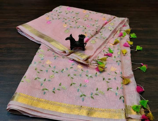 PJMR23A303 Pink Gold Pure Handloom Linen Silk Banarasi Saree