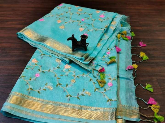 PJMR23A304 Blue Gold Pure Handloom Linen Silk Banarasi Saree